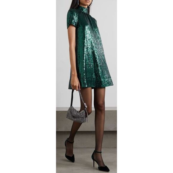 NWT Staud Mini Ilana Dress Emerald Green Sequin Embellished Womens XS - Picture 1 of 8